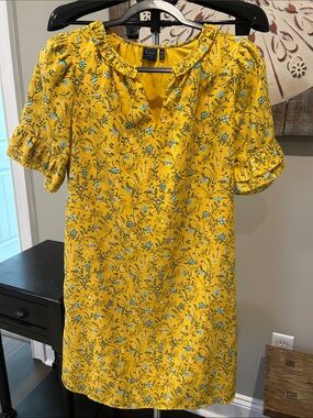 Kaari Blue & Yellow Floral Ruffle-Sleeve Dress / Size XS/ Fully Lined